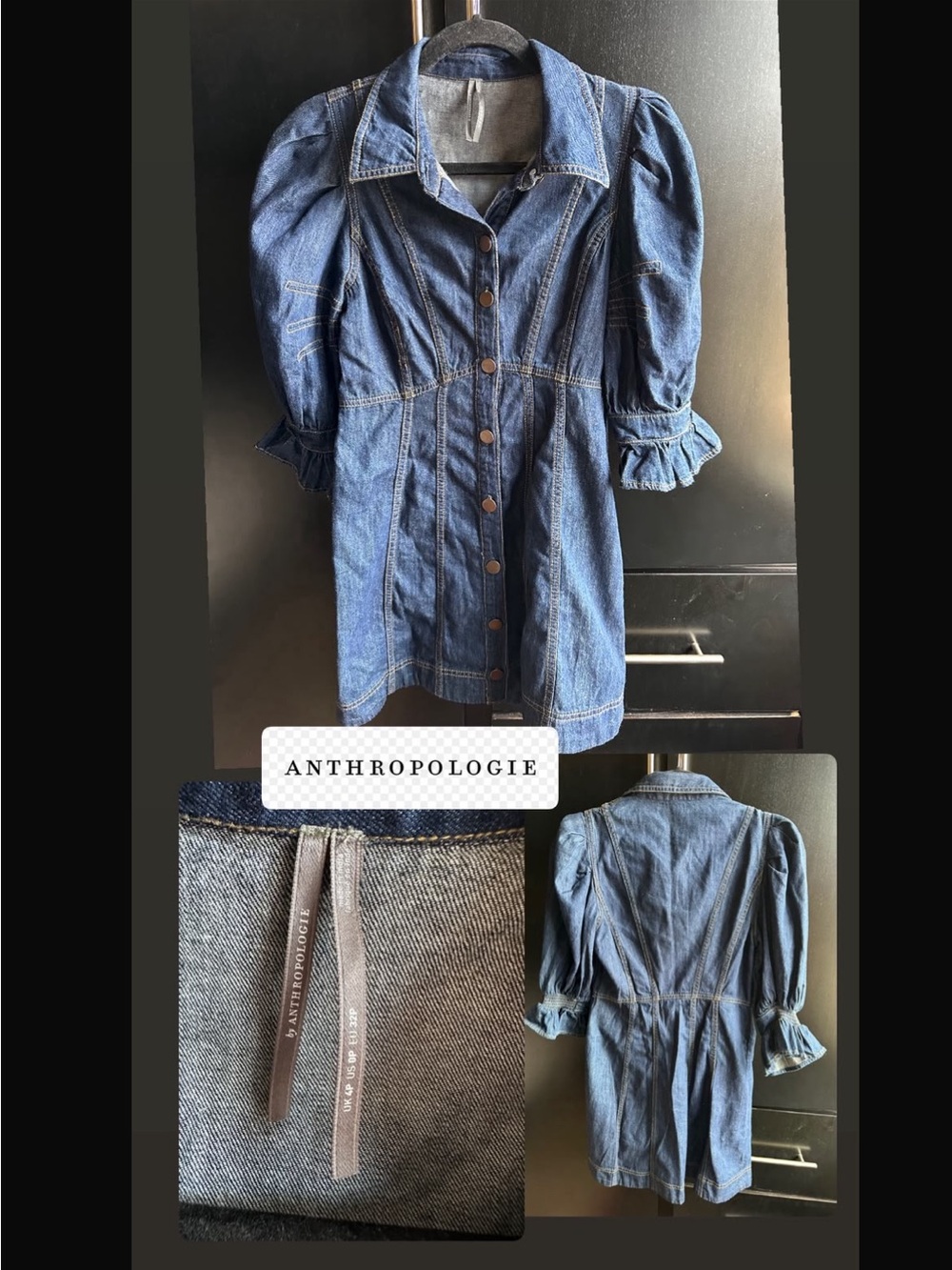 Anthropologie Blue Denim Button-Front Puff Sleeve Dress
